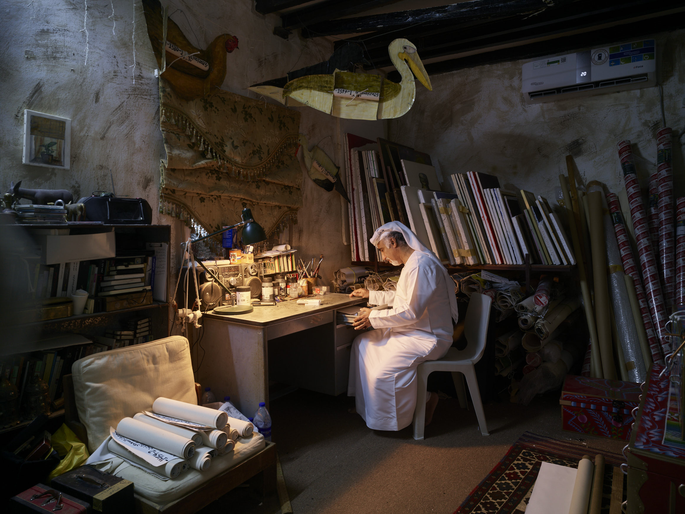 Abdullah Al Saadi at his studio, Image courtesy of the National Pavilion UAE- La Biennale di Venezia, Photo by Roman Mensing.